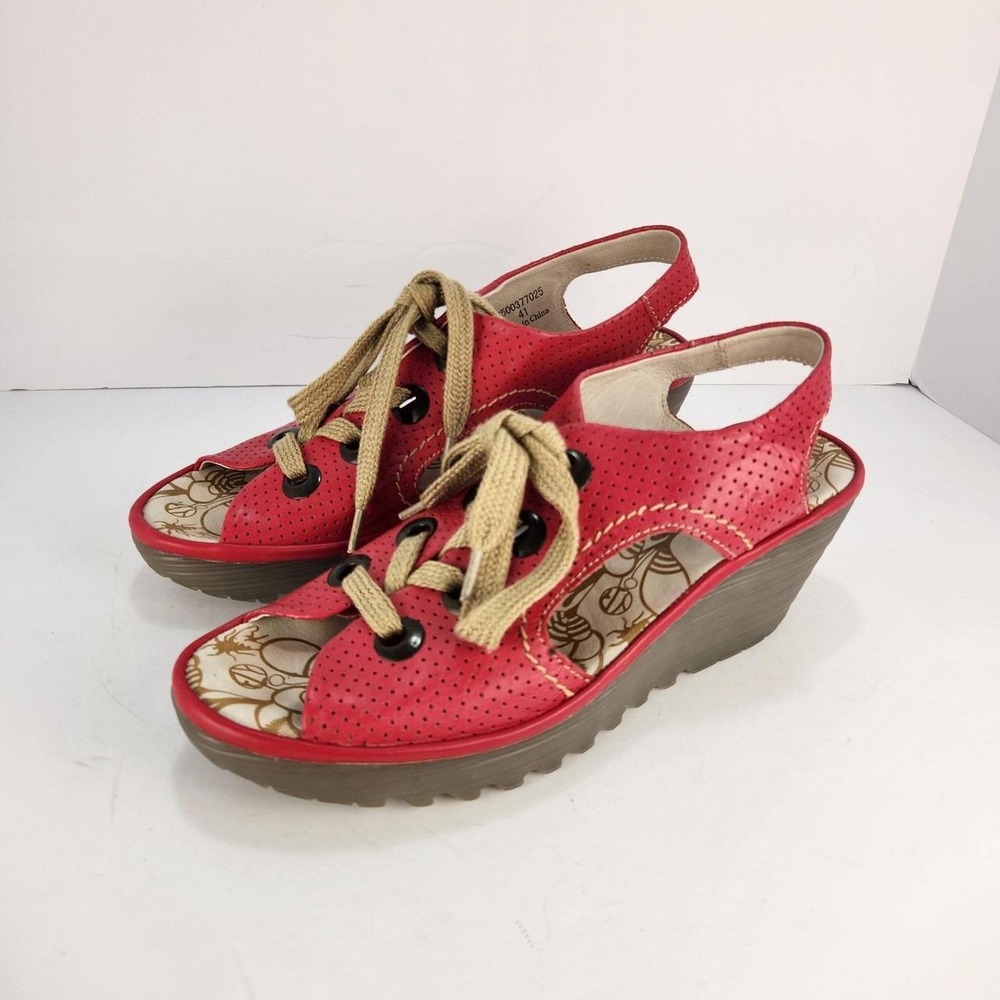 FLY London YLVA Women's 41 US 10 Red Leather Perforated Lace Up Wedge Sandals